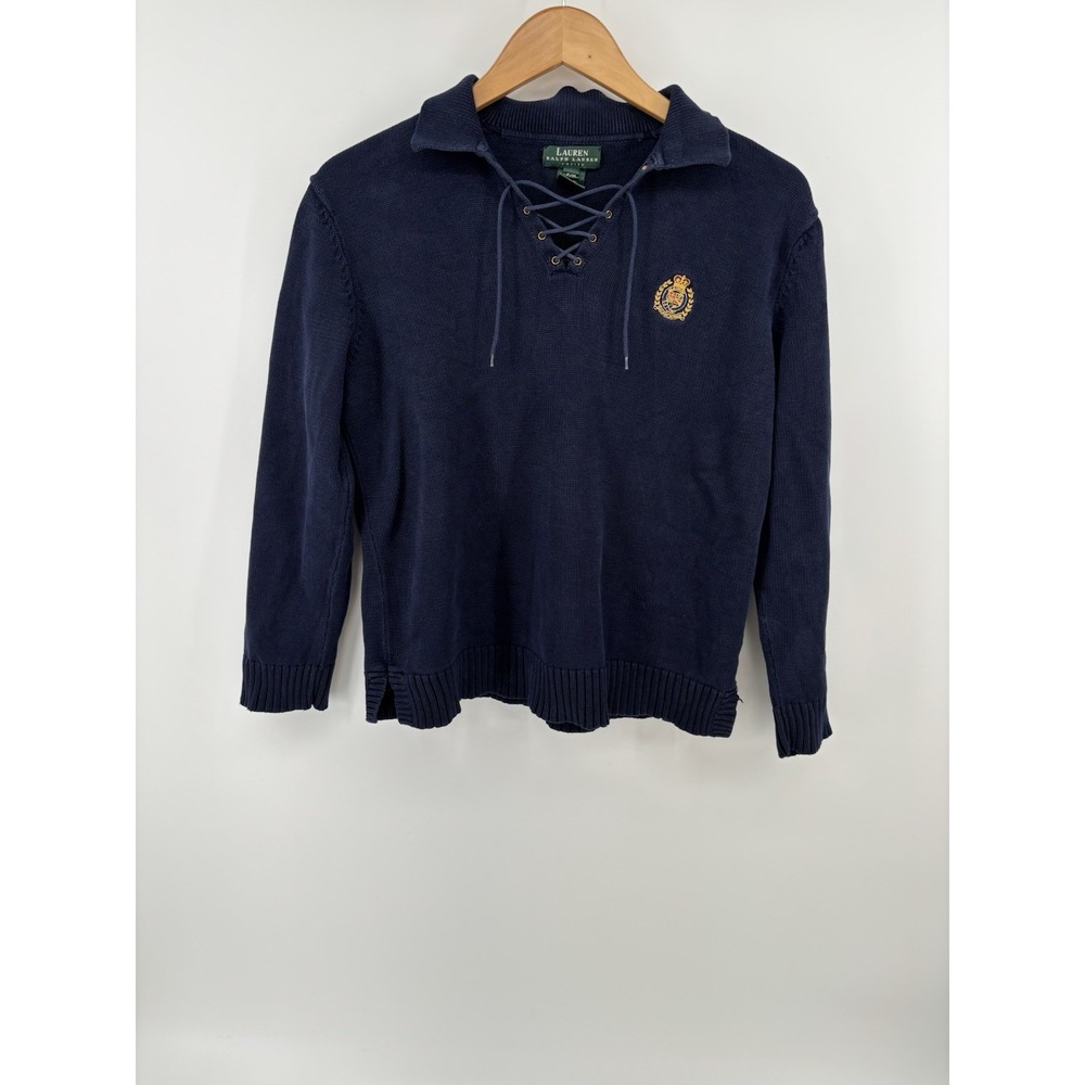 Lauren‎ Ralph Lauren Sweater Women's M/P Lace Up Pullover Crest Preppy Academia